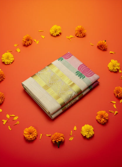 Pink Lotus Motif Tissue Set Saree with Gold Border