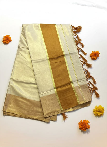 Orange & Gold Stripe Tissue Set Saree with Tassels