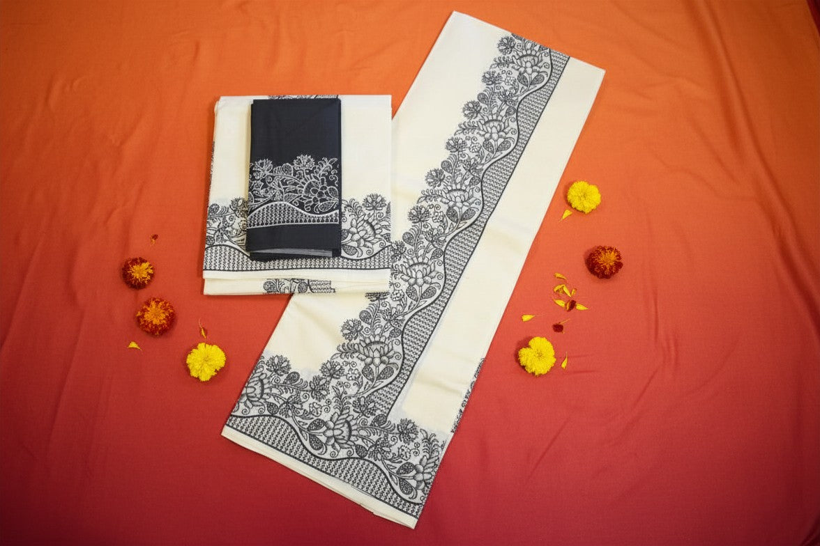 Black & White Floral Print Set Mundu