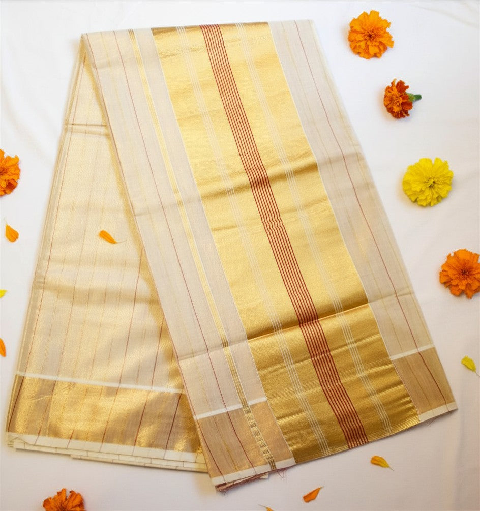 Red and Gold Stripe Tissue Set Saree