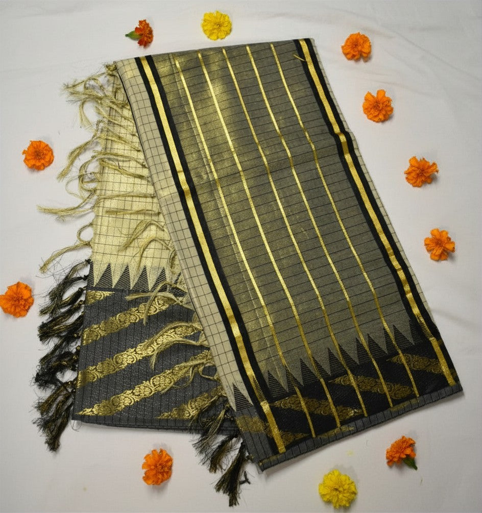 Black & Gold Tissue Set Saree with Checkered Design