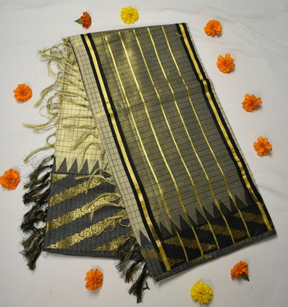 Black & Gold Tissue Set Saree with Checkered Design
