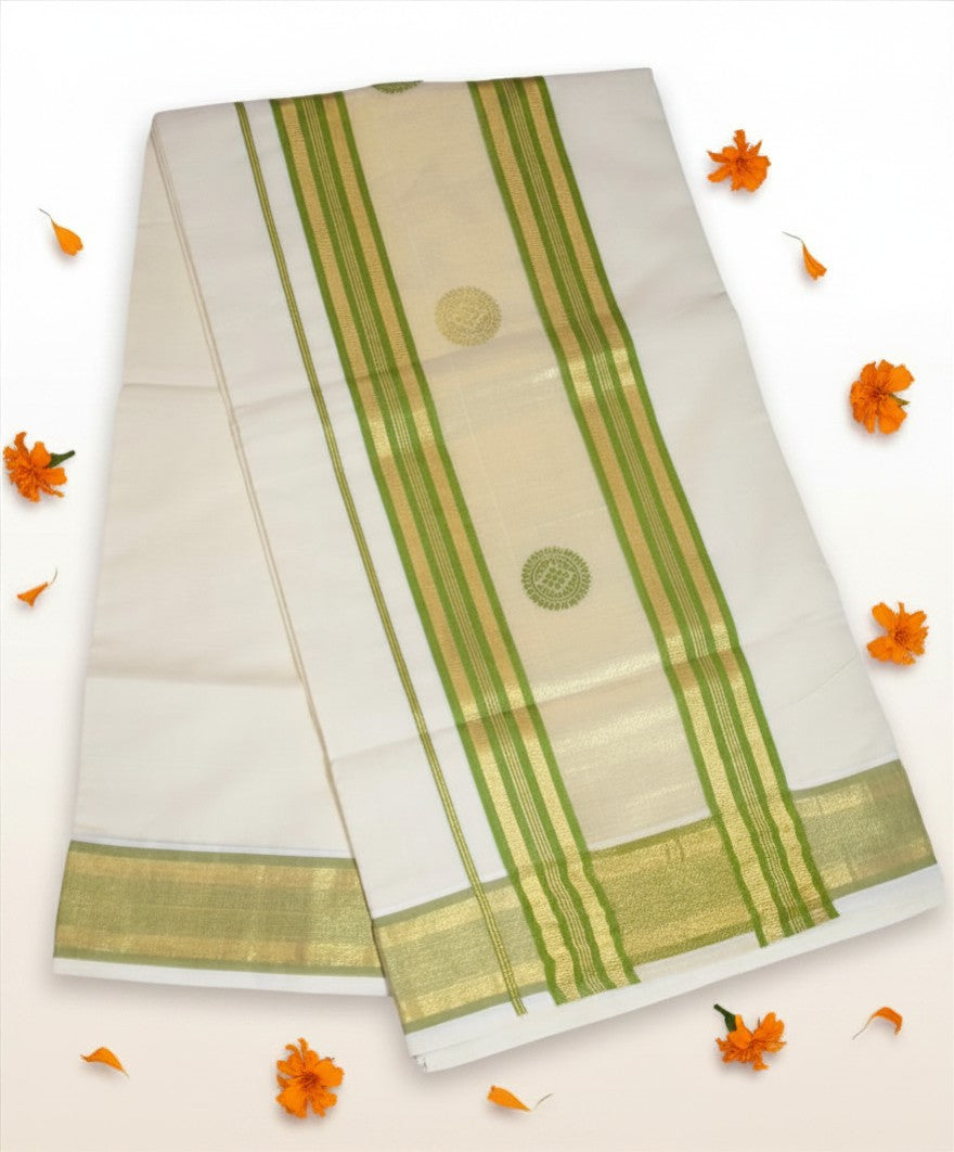 Green & Gold Stripe Cotton Onam Set Saree