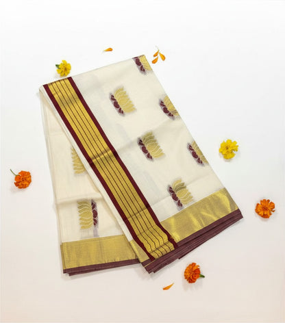 Gold Lotus Cotton Set Saree with Burgundy Leaf Motifs