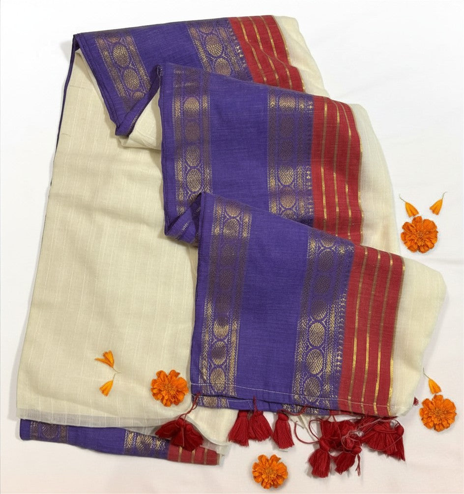 Purple & Pink Border Mul Cotton Saree