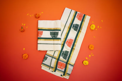Set Mundu with Orange & Green Lotus Hand Block Prints