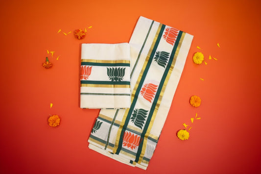 Set Mundu with Orange & Green Lotus Hand Block Prints