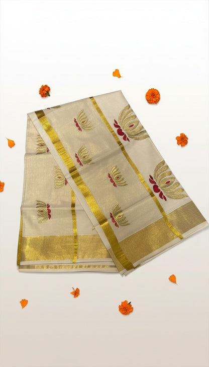 Red Lotus Cotton Set Saree with Gold Detailing