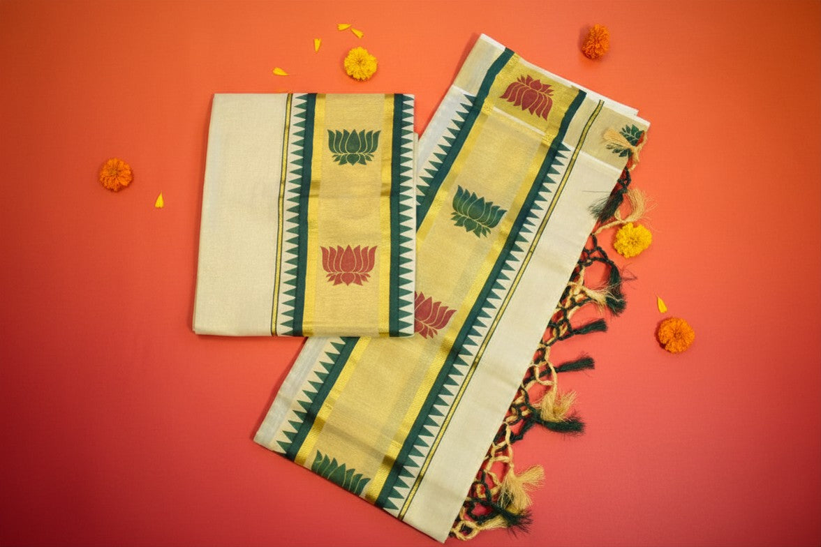 Lotus Tissue Set Mundu with Green & Gold Tassels