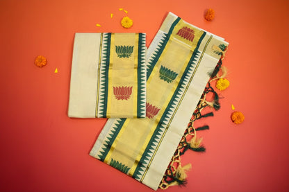 Lotus Tissue Set Mundu with Green & Gold Tassels