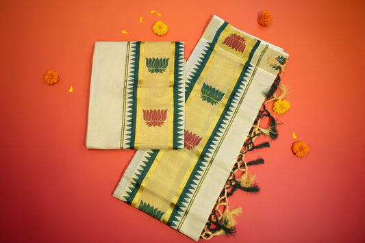 Lotus Tissue Set Mundu with Green & Gold Tassels
