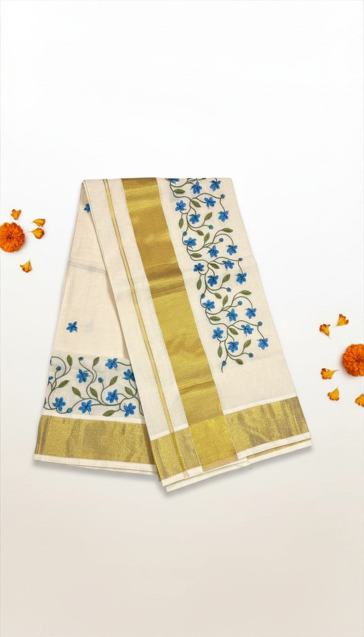 Blue Floral Embroidered Set Saree