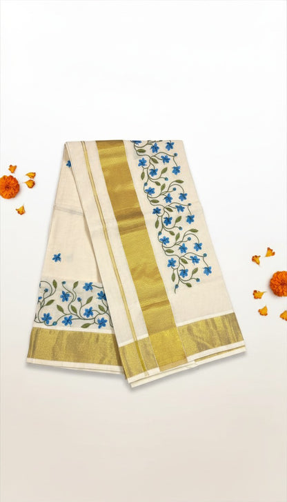 Blue Floral Embroidered Set Saree