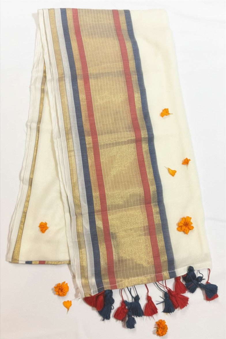 Blue, Gold & Red Stripe Mul Cotton Saree with Tassels