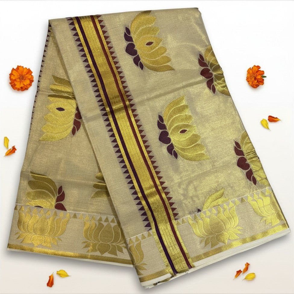 Burgundy & Gold Lotus Motif Tissue Set Saree