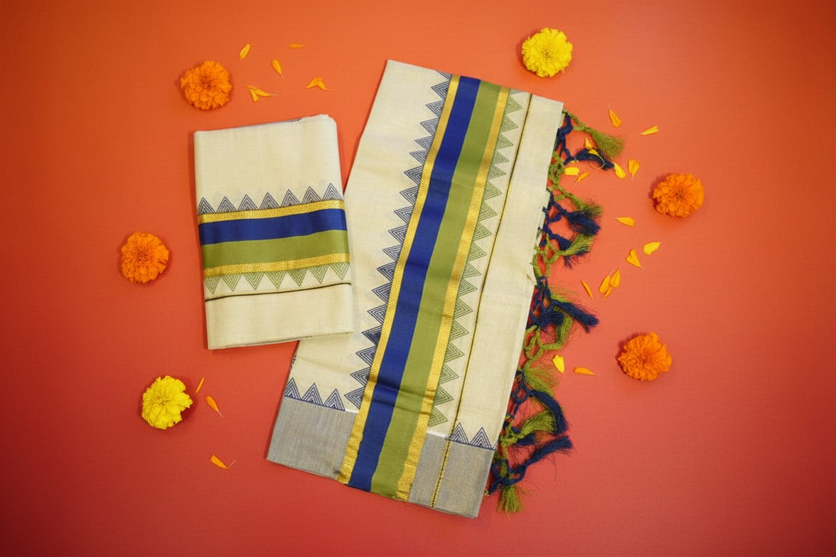 Green & Blue Pattern Tissue Set Mundu